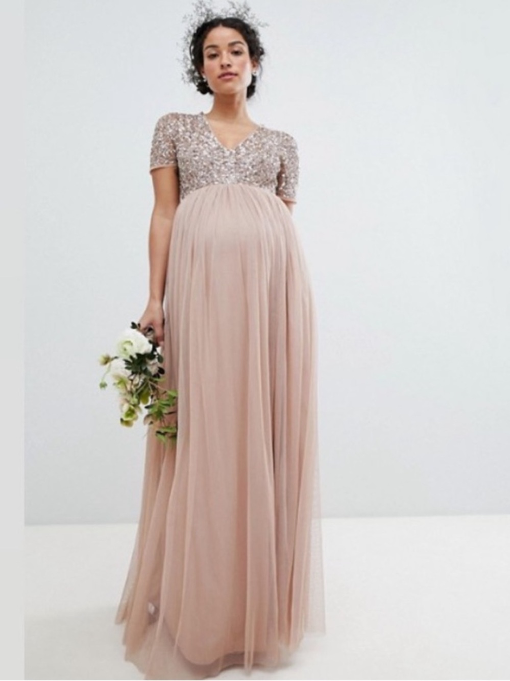 MAYA DELUXE Maternity Blush Champagne Tulle Sequin Maxi Formal Gown Dress 14 EUC